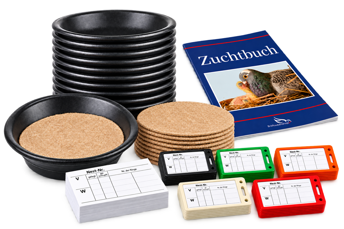 Zestaw hodowlany FooFine dla gołębi rasowych: 10 misek nęgowych 23 cm + 10 wyłożeń kokosowych + 100 kart gniazd + 100 uchwytów + książka hodowlana A4 gratis