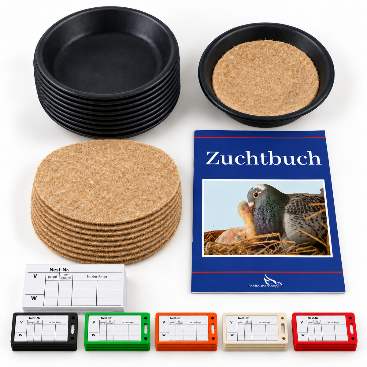 Zestaw hodowlany FooFine dla gołębi rasowych: 10 misek nęgowych 23 cm + 10 wyłożeń kokosowych + 100 kart gniazd + 100 uchwytów + książka hodowlana A4 gratis