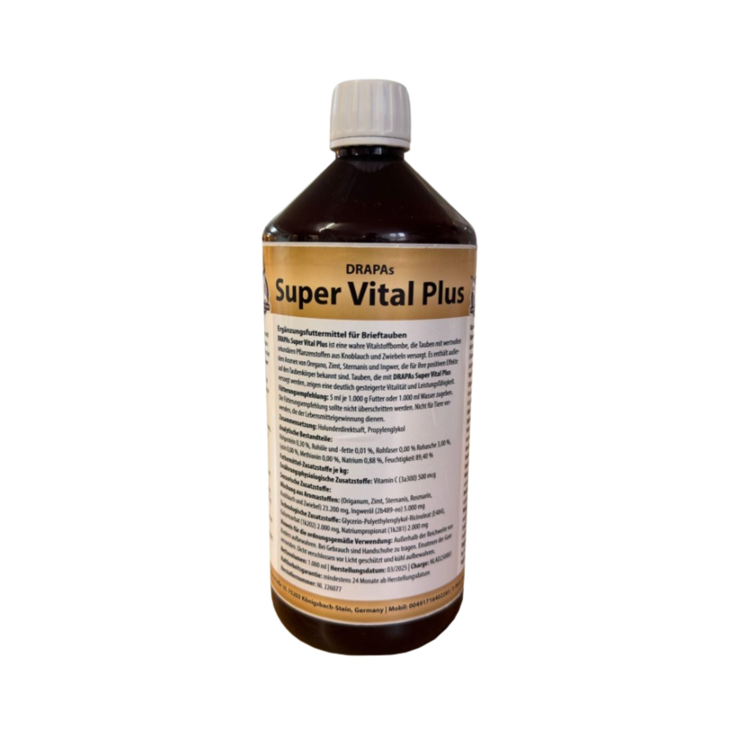 Drapas Super Vital Plus 1l Plus ist eine wahre Vitalstoffbombe, die Tauben mit wertvollen sekundären Pflanzenstoffen aus Knoblauch und Zwiebeln versorgt.