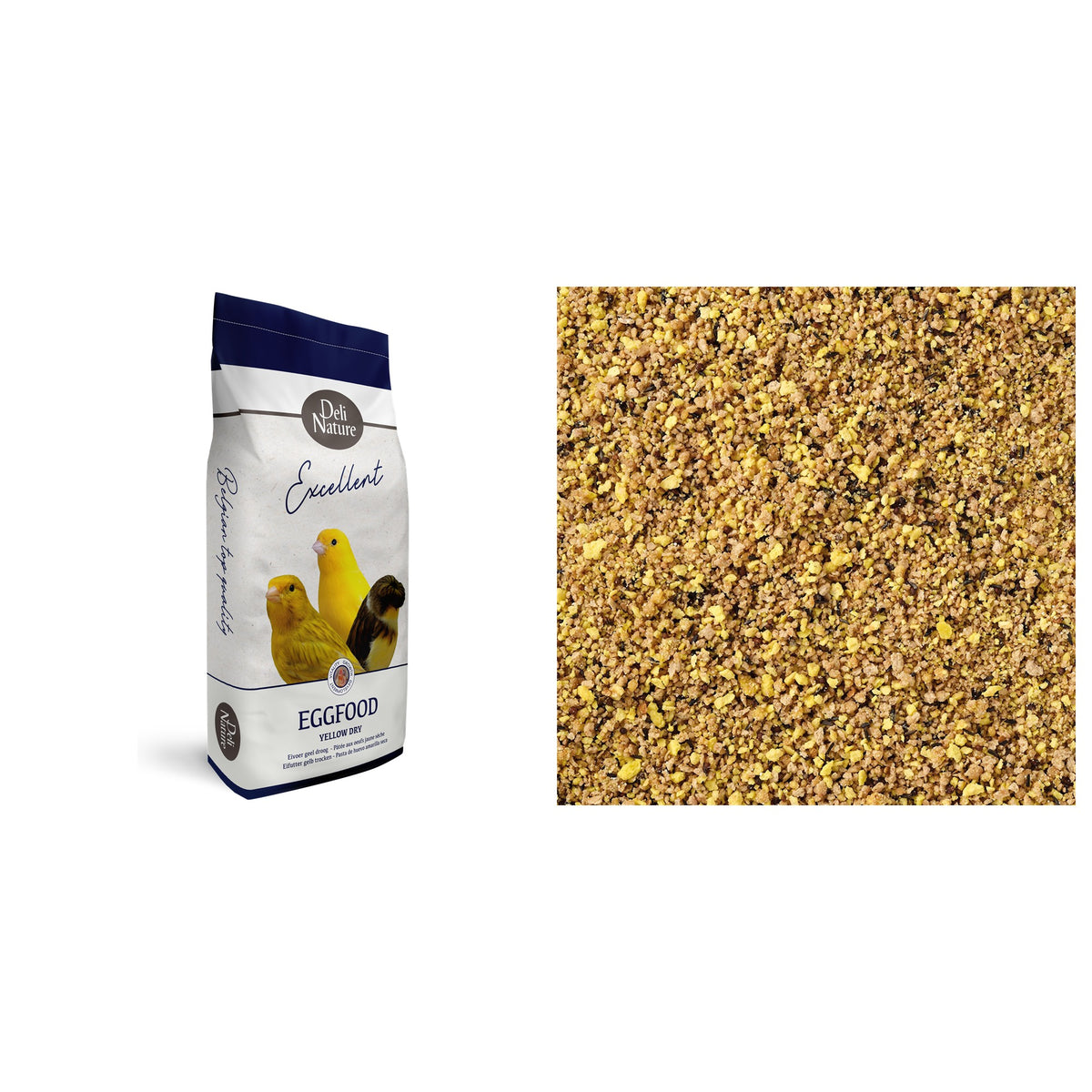 Deli Nature Eifutter Gelb Trocken 10 kg Sack und Futterdetail